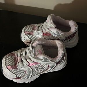 New Balance Kids White and Pink Athletic Sneakers